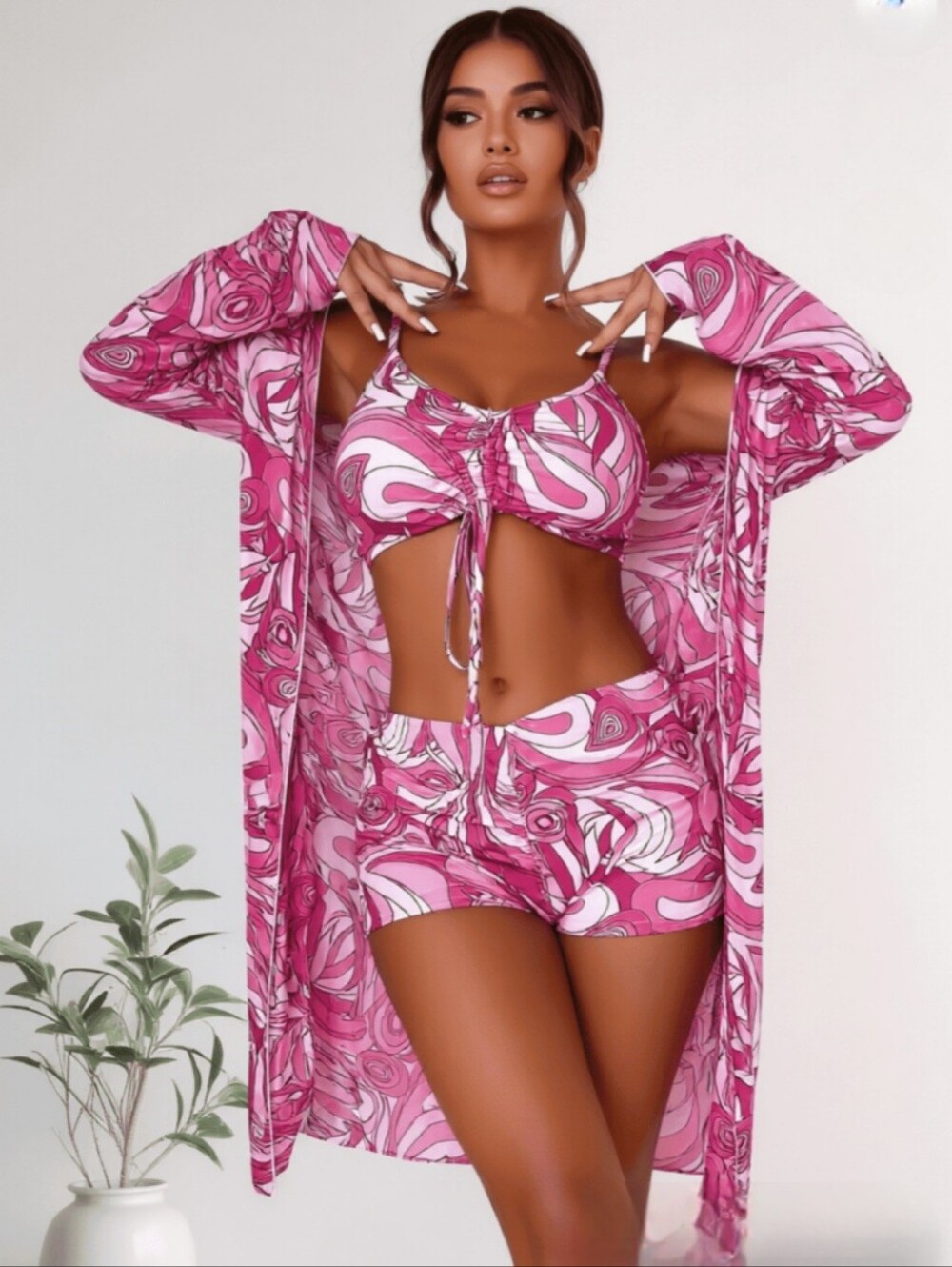 Pink/White Ruched Front Adjustable Strap Bikini Top/Boy Shorts. Kimono INCLUDED! - Picture 5 of 5
